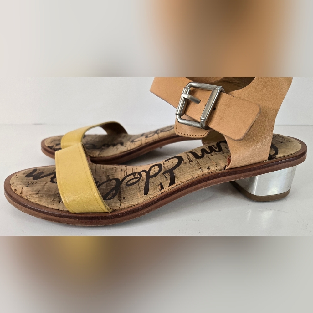 Sam Edelman Trixie Sandals Size 7.5 Tan & Gold, Heel Buckle Ankles Toe Strap - Picture 5 of 10